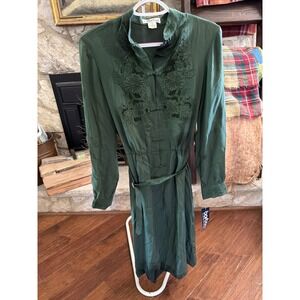 Barbara Vintage 100% Pure Silk Green Embroidered Frog Button Midi Dress NWT 9/10